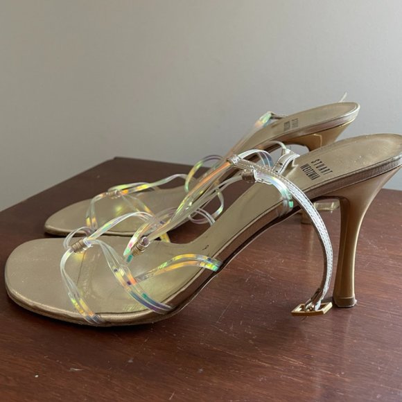 Stuart Weitzman Holographic Gold Strappy Sandals, Size 9 - Picture 2 of 4